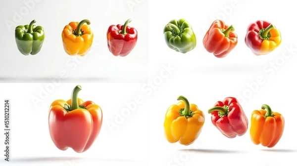 Fototapeta A studio shot showcasing eight vibrant bell peppers; green, yellow, and red, individually and in groups, against a clean white backdrop, exhibiting their glossy texture and fresh appearance