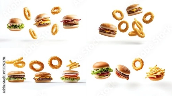 Fototapeta Four quadrants showcasing levitating cheeseburgers and onion rings, some with fries, against a bright white backdrop; appetizing food photography