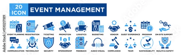 Obraz Event management icon collection set. Event Planning, Registration, Ticketing, Promotion, Logistics