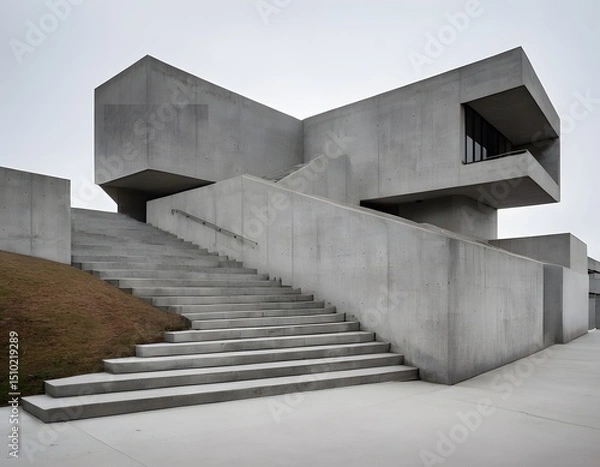 Obraz Modern concrete building with geometric design and large staircases. Ideal for themes related to architecture, urban development