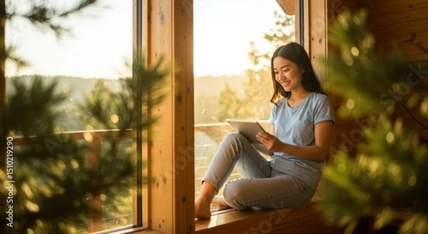 Obraz Woman Using Tablet by Window at Home with Mountain View