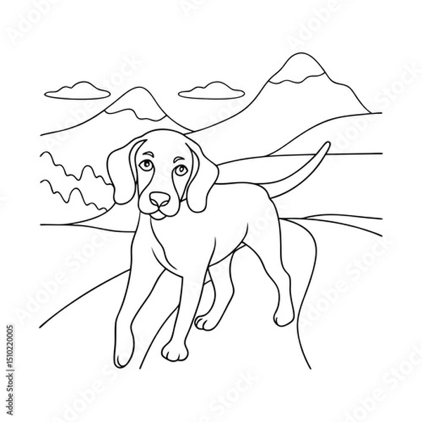 Fototapeta Adorable beagle puppy line art in mountain landscape