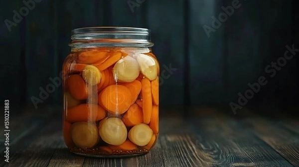 Obraz pickled cabbage with carrots in glass jar on dark wooden table