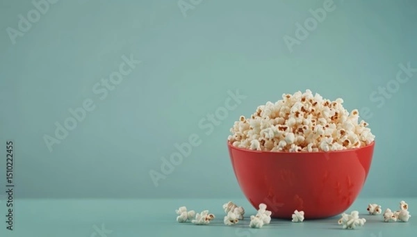 Fototapeta Popcorn in Red Bowl Overflows on Teal Surface Still Life