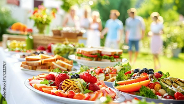 Fototapeta Outdoor Garden Party Food Buffet for Summer Celebration Catering Event. Fresh Al Fresco Dining Table with Appetizers, Salads, Fruits.