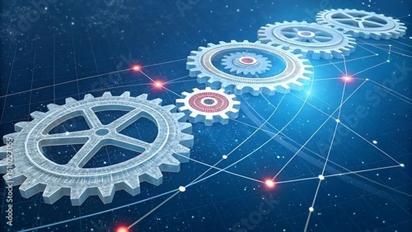 Obraz Digital technology and engineering concept with interconnected gears and network lines displaying efficiency and innovation.
