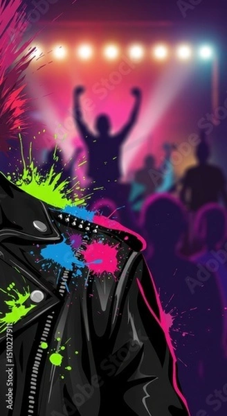 Fototapeta Neon Punk Rock Concert: A vibrant illustration of a leather jacket splashed with neon paint, set against the backdrop of an energetic concert.