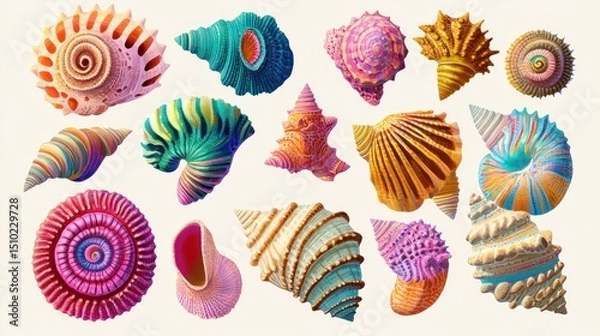 Fototapeta Colorful, stylized seashells in various shapes and vibrant hues.  Detailed, 3D renderings of diverse seashells