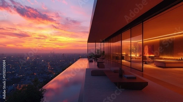 Obraz Luxury rooftop infinity pool at sunset, panoramic city views