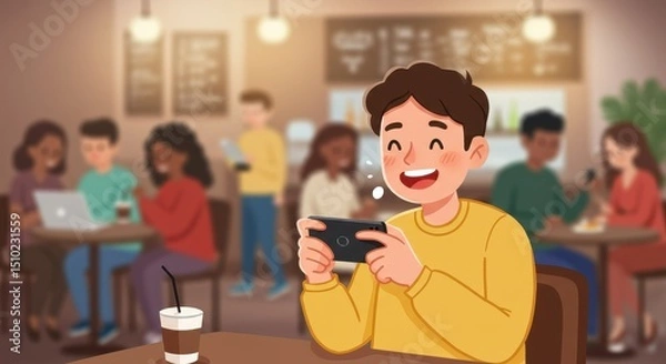 Fototapeta Joyful Man at Cafe Using Smartphone
