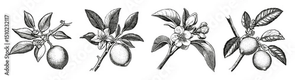 Fototapeta Vintage Botanical Illustrations of Lemon Tree and Fruit, vector illustration, engraving design, logo design set, black and white line