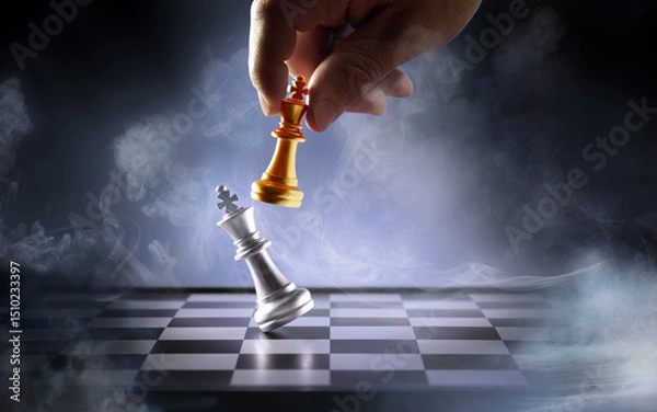 Fototapeta Chess King Beats And Win - Competition And Checkmate Concept - Successful Business Strategy - Abstract Smoke