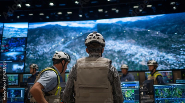 Fototapeta A dramatic wide-angle shot of a crisis response hub with large LED screens showing real-time weather and disaster maps, as rescue teams in helmets and vests huddle around a central