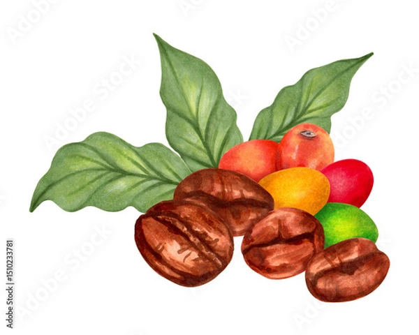 Fototapeta Coffee beans with multi-colored coffee tree berries. Watercolor botanical illustration. Hand drawn isolated art. For packaging, cookbook, menu, cafe design. Aroma of Robusta and Arabica varieties