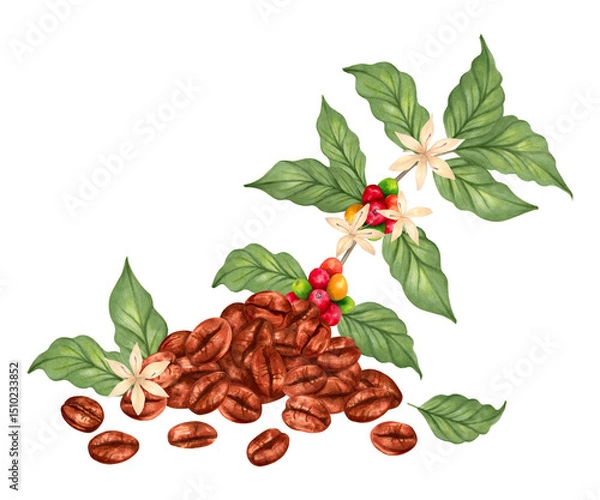 Fototapeta Coffee beans and branch with berries, flowers of coffee tree. Watercolor botanical illustration. Hand drawn isolated art. For packaging, cookbook, menu, cafe. Aroma of Robusta, Arabica varieties
