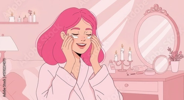 Fototapeta Pink Serenity: A Woman's Relaxing Nighttime Skincare Routine