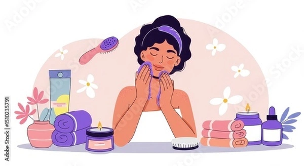 Fototapeta Woman enjoying a relaxing skincare routine at home, surrounded by candles, towels, and essential oils, promoting self-care and wellness