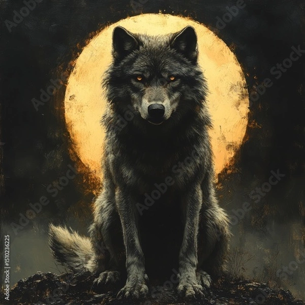 Obraz Dark wolf sits in the glow of a large golden moon