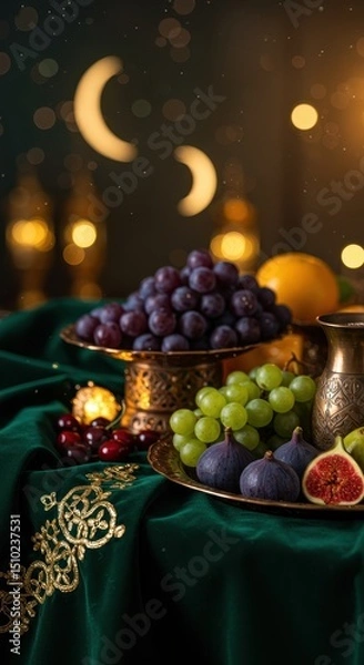Fototapeta Ramadan Feast: A Luxurious Table Setting with Grapes, Figs, and Cherries
