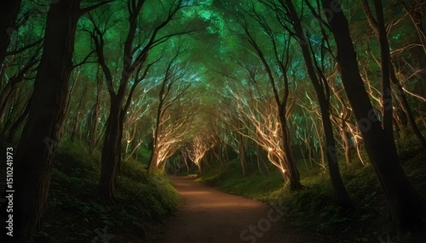 Fototapeta Magical Forest Path Illuminated by Dreamlike and Mystical Glowing Lights
