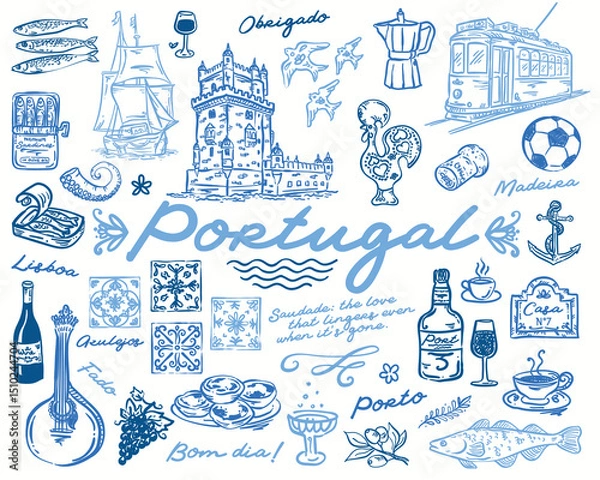 Fototapeta Whimsical collection of hand drawn Portugal symbol vector illustrations