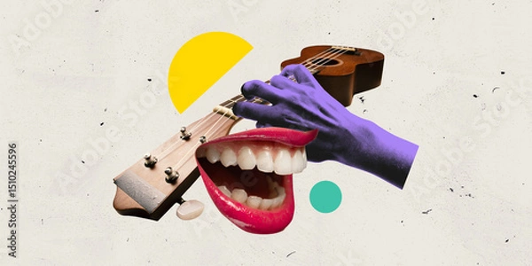 Fototapeta Graphic artwork. Purple hand plays ukulele neck while open red lips sing below on creamy background with geometric dots. Abstract art style. Concept of carnival, singing and personal expression.