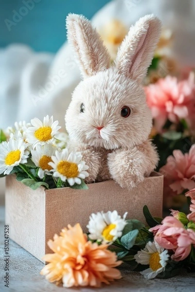 Obraz beautiful gift box and flowers and a soft bunny.gift