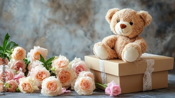 Obraz gift box flowers teddy bear