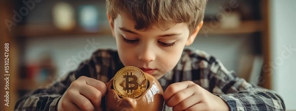 Obraz Boy holding a piggy bank and bitcoin