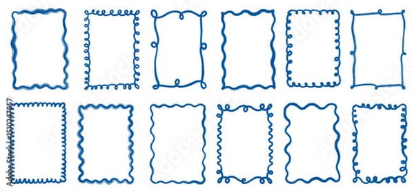 Fototapeta Blue wavy vector frames and borders for summer designs, Curvy doodle line borders for coastal and beach menu, poster, wedding graphics
