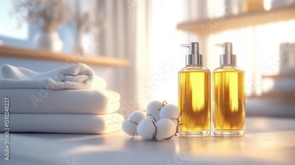 Obraz Cotton flowers on a white terry towel with copy space. Essential oil spa salon