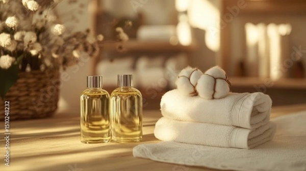 Obraz Cotton flowers on a white terry towel with copy space. Essential oil spa salon