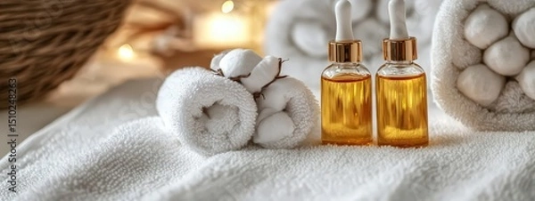Obraz Cotton flowers on a white terry towel with copy space. Essential oil spa salon