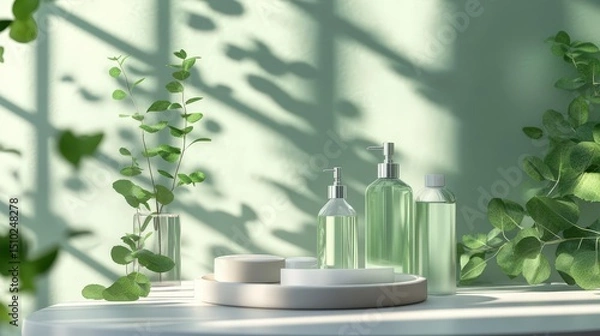 Obraz Aromatherapy. Essential oils, flowers, eucalyptus leaves, mortar