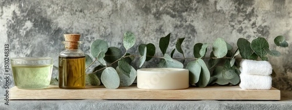 Obraz Aromatherapy. Essential oils, flowers, eucalyptus leaves, mortar