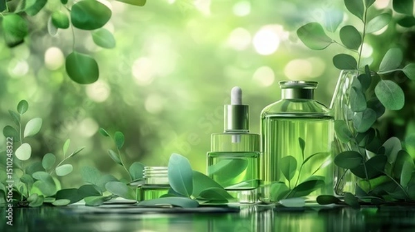 Obraz Aromatherapy. Essential oils, flowers, eucalyptus leaves, mortar