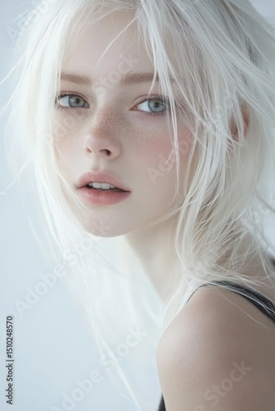Obraz young beautiful model with white hair on a white background.