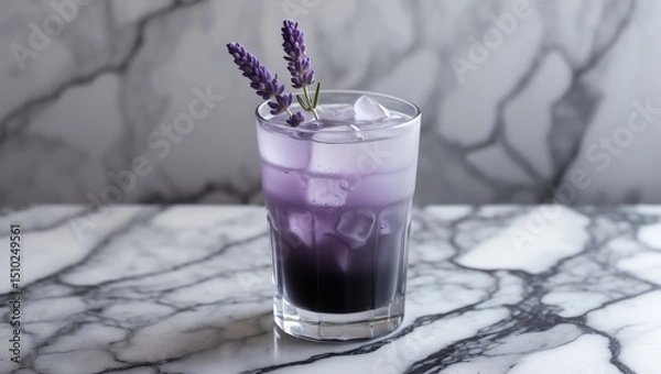 Fototapeta Refreshing Lavender Cocktail with Ice Cubes on Marble Countertop