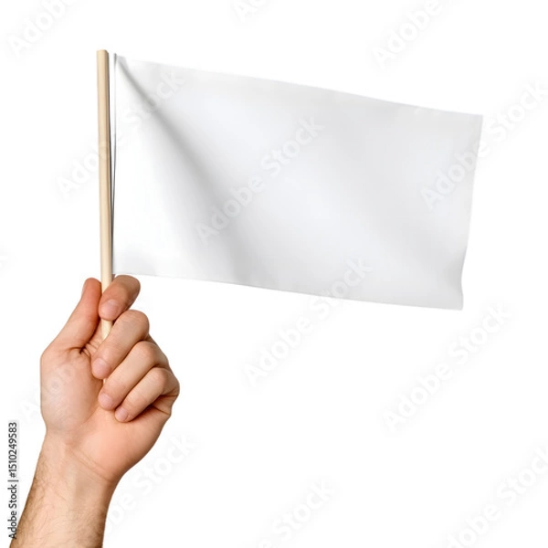 Fototapeta Blank white flag mock up isolated holding in hand. Large wavy flagpole mockup ready for logo design presentation. Ai Generated Images