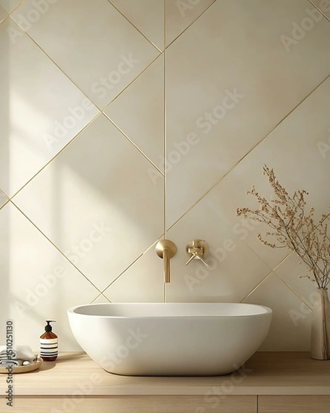 Obraz Gold-lined sand tile wallpaper with modern geometric patterns, perfect for contemporary bathroom walls Mediterranean and Moroccan Inspired Interiors Modern Luxury Bathrooms and Kitchens