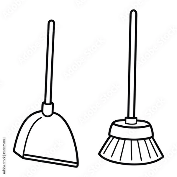 Fototapeta Simple Line Art Illustration of a Dustpan and a Broom.