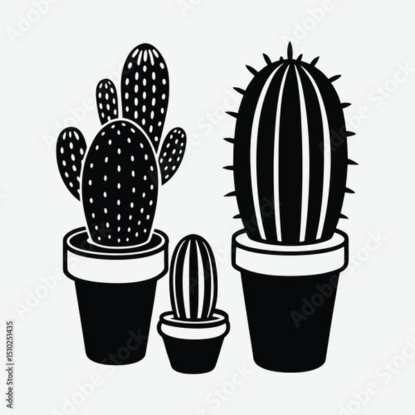 Fototapeta Three stylized cacti in pots, perfect for home decor.