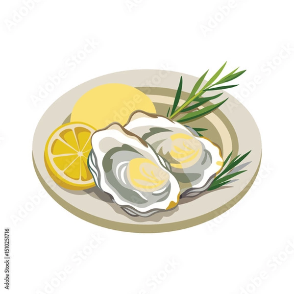 Fototapeta Two Oysters with Lemon and Herbs on a Plate.