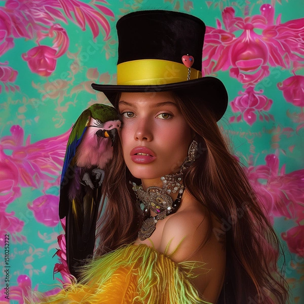 Obraz A beautiful, elegant woman wearing a hat and carrying a parrot on her shoulder enjoys expressing herself through her unique sense of fashion.
