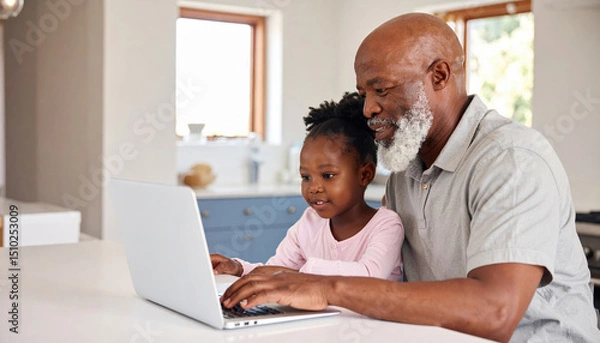 Fototapeta Joyful elderly Black man and young girl are engaged in fun learning experience together at kitchen table, using laptop