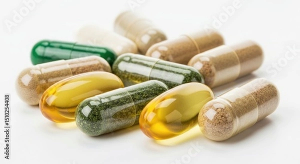 Fototapeta A Collection Of Unlabeled Herb Capsules Containing Nutritional Supplements On A Clean White Background
