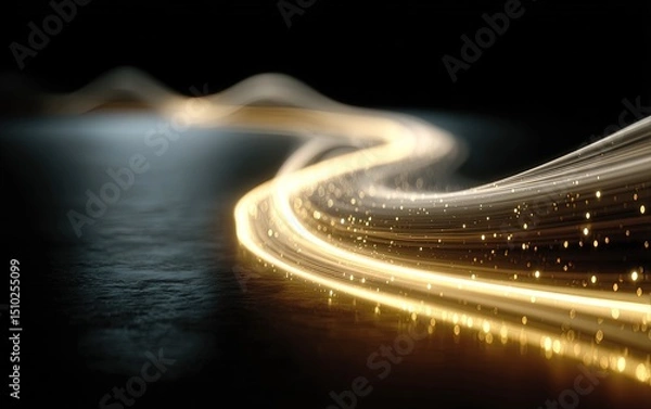 Obraz Hyperrealistic Light Art: Dark Background with Gold Wavy Lines, Atmospheric Soft Edges Wide Shot, High-Resolution Octane Render for Digital Promotion and Abstract Design