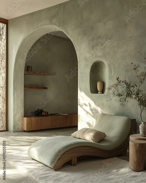Obraz Pistachio whisper wall in a mindful design space with curved forms, slow materials, and balanced light Light Retro Japandi Blend Pistachio Pastel Botanical Interiors