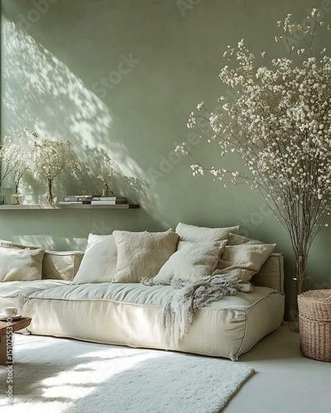 Obraz Pistachio whisper wall in a pastel-toned living room with dried flowers and soft-edge lighting Light Retro Japandi Blend Pistachio Pastel Botanical Interiors