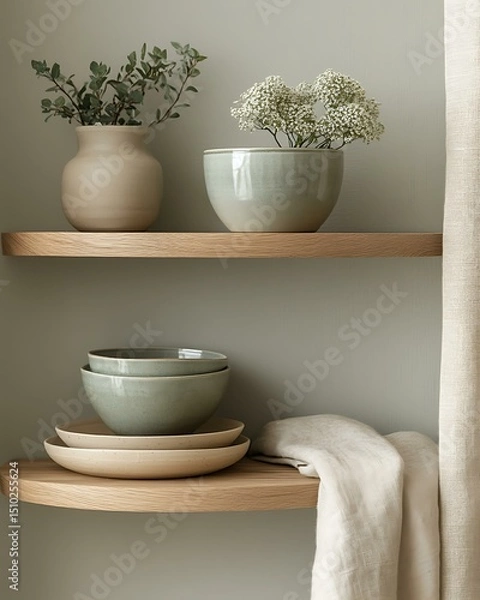 Obraz Pistachio whisper wall styled with curved oak shelves, floating planters, and neutral fabric tones Light Retro Japandi Blend Pistachio Pastel Botanical Interiors